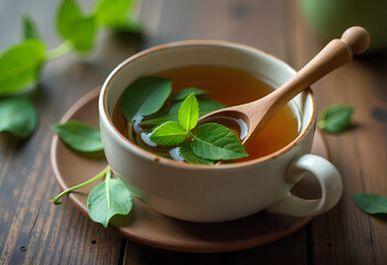 Soothing Photo of a Ceramic Bowl Containing Herbal Leaves for Relaxing Natural Aesthetic