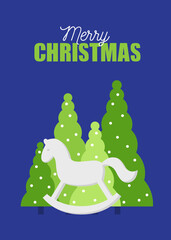 Christmas greeting card.
Illustration of the decorative Christmas trees and white rocking horse