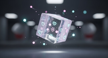 Glowing Transparent Cube with Social Media Icons and Floating Particles.