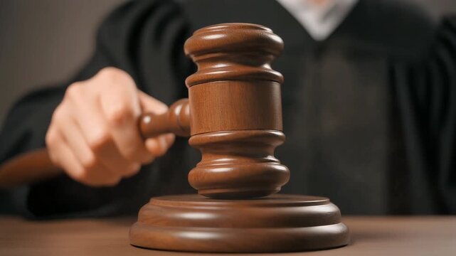 A judge's hand holding a gavel over a wooden surface.