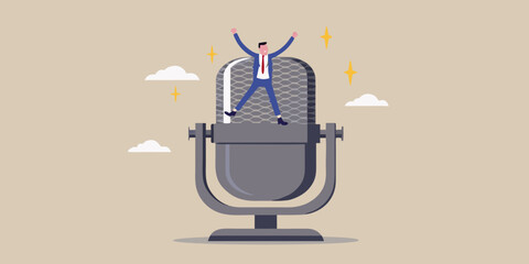 Excited businessman celebrates success standing on a microphone