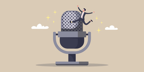 Man in suit joyfully jumps on vintage microphone