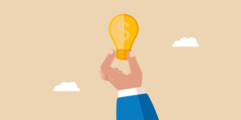 Hand holding a lightbulb with a dollar sign symbolizing a profitable idea