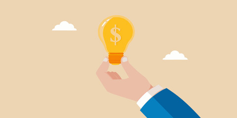 Hand holding a lightbulb with a dollar sign inside representing financial ideas