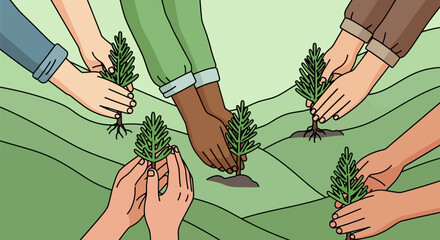 Diverse hands collaboratively planting saplings in a green undulating landscape for reforestation