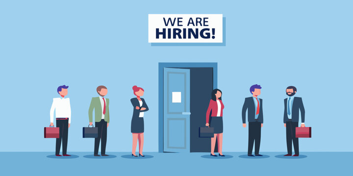 Diverse group of professionals waiting for job interviews under a hiring sign