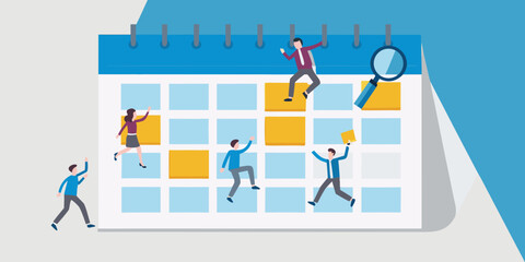 Business people interacting with a calendar and magnifying glass