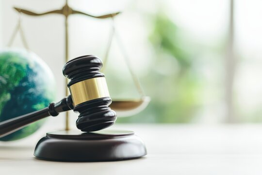 Gavel, globe, and scales of justice symbolizing global environmental law, justice, and legal action with copy space