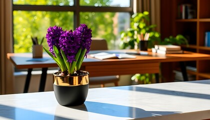 Bring a vibrant, fresh aesthetic to your workspace with this lovely purple hyacinth in a gold-accented pot for a calming, peaceful modern office