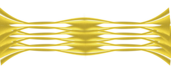 This image features a golden abstract symmetric wave pattern on a black background. The design appears fluid and dynamic, with mirrored curves and ribbon-like shapes forming a continuous ornamental 