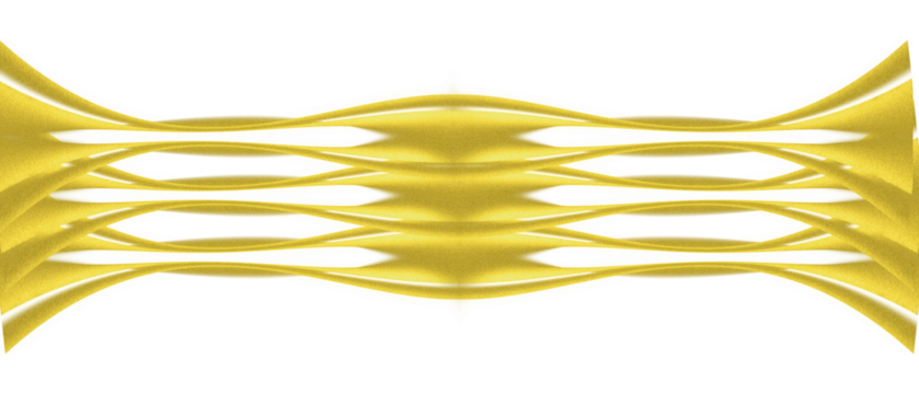 This image features a golden abstract symmetric wave pattern on a black background. The design appears fluid and dynamic, with mirrored curves and ribbon-like shapes forming a continuous ornamental 