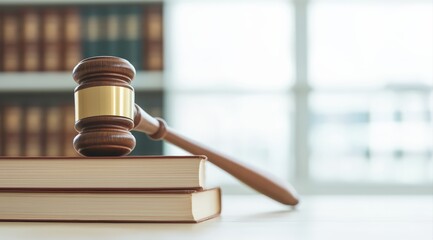Wooden gavel on legal books symbolizing law, justice, and court proceedings with bright background providing ample copy space