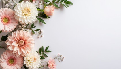 Floral arrangement displaying vibrant pink and white flowers on a minimalist white background decor calm environment top-down view nature's beauty and design inspiration