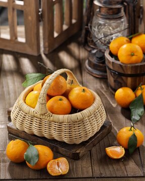 Fresh mandarin oranges fruit or tangerines with leaves