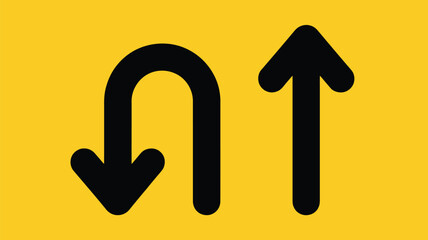 A yellow background with a black u turn arrow and a black straight arrow pointing upwards to the right