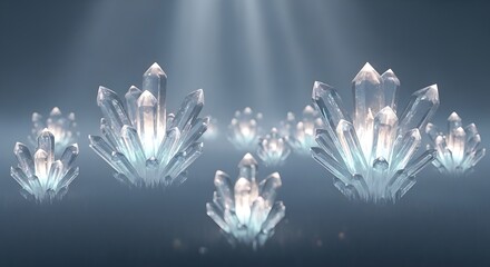 Glowing clear crystal clusters emerge from a mystic light-filled blue-gray setting