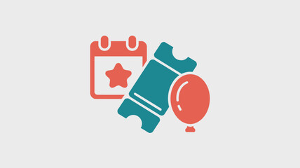 A graphic of a calendar with a star, a ticket, and a balloon against a light gray background