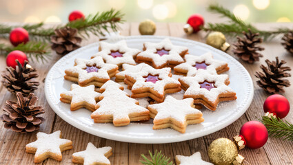 Christmas linzer cookies with powdered sugar and jam on white plate, surrounded by pine branches, cones and festive ornaments. Traditional holiday treat.