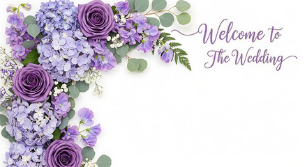 Elegant purple floral wedding welcome arrangement with roses hydrangeas and greenery on a white background for romantic celebration decor