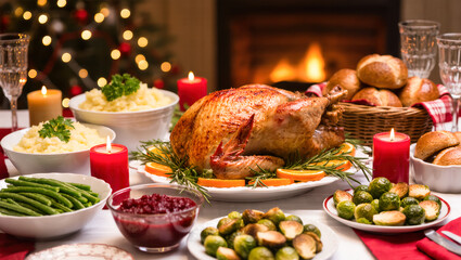 Christmas holiday dinner table with roasted turkey, mashed potatoes, green beans, Brussels sprouts, cranberry sauce, and festive candles. Cozy winter feast.