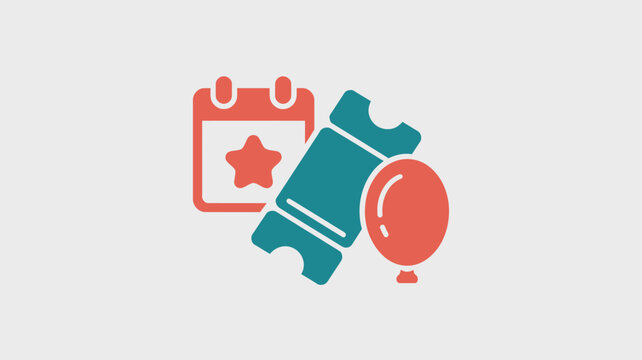 A graphic of a calendar with a star, a ticket, and a balloon against a light gray background