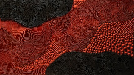 Textured art red/black, concentric circles, raised dots, abstract