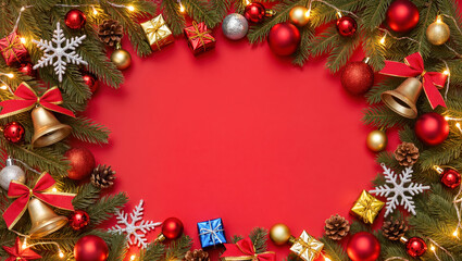 Christmas border frame with fir branches, baubles, snowflakes, bells, bows, and gift boxes on red background. Festive holiday composition.
