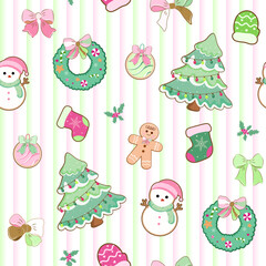 Christmas wreath, New Year Christmas tree, decorations. Christmas pattern. Seamless pattern. Flat cartoon illustration, stripe background, pink, green