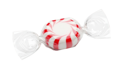 Round hard candy with red and white stripes encased in clear wrapper