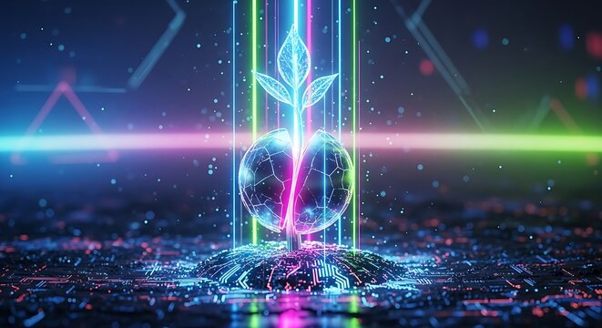 Digital sapling growth on circuit board, futuristic eco technology concept