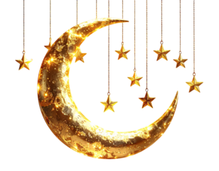 Shining Golden Crescent Moon with Hanging Stars, Front View, Isolated PNG