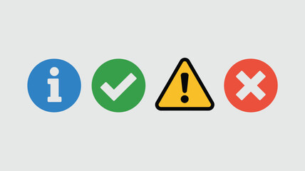 A set of four circular icons showing information, check mark, warning, and cancel arranged horizontally