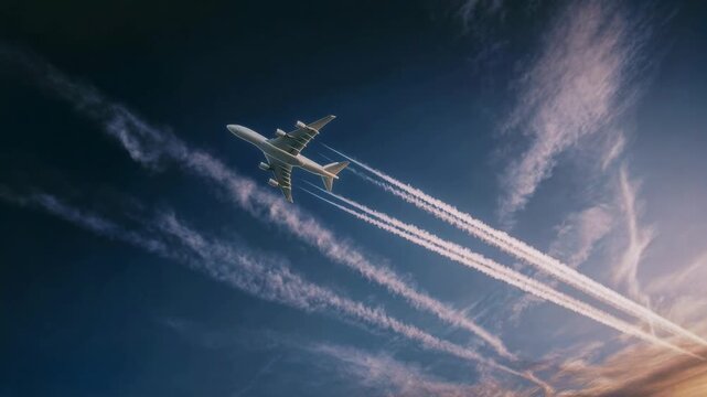 A powerful aircraft ascends through the sky leaving crisp contrails that highlight speed technology long distance travel and modern aviation creating a compelling scene suitable for commercial project