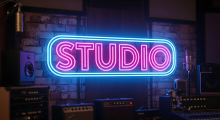 Neon studio sign glowing in vibrant pink and blue lights inside a modern music recording room with audio equipment and brick wall background