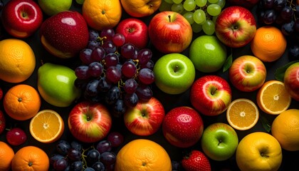 Top View Arrangement of Fresh Apples, Oranges, and Grapes on a Dark Black Background