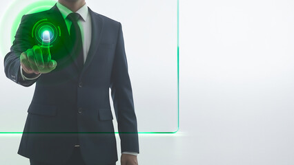 Businessman in suit using futuristic touch screen technology display interface