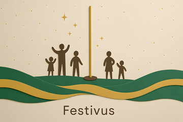 A festive scene depicting a maypole family and celebration with festivus