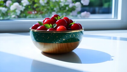 Fresh cherries and vibrant mint in a stylish bowl brighten a sunny morning, perfect for healthy eating inspiration and summer lifestyle content
