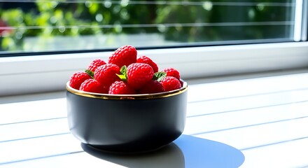 Enjoy fresh raspberries in a modern black bowl with golden trim, perfect for healthy eating and vibrant lifestyle promotions or summer recipe blogs