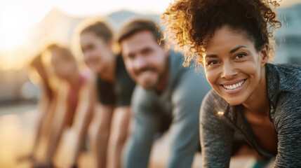 Group of diverse people smiling and stretching outdoors during fitness session, with focus on woman in foreground. sun is setting, creating warm, energetic atmosphere
