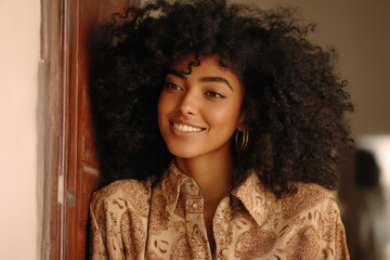 Smiling woman with natural curly hair wearing patterned blouse and hoop earring, warm indoor portrait with soft light and relaxed expression