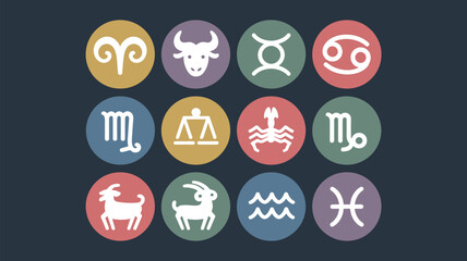 Twelve astrological signs arranged in a rectangular grid with different color circle backgrounds