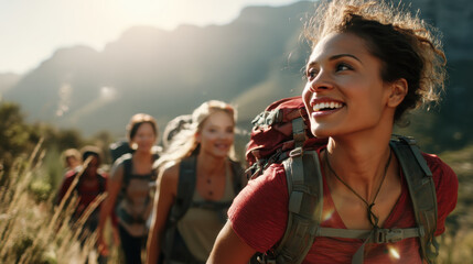 Smiling female hiker with backpack leading group on sunlit mountain trail, adventurous mood and scenic landscape evoke freedom and camaraderie
