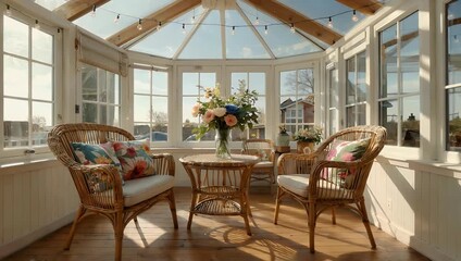 This warm 4K interior scene presents a cozy sunroom filled with wicker furniture floral cushions and fresh flowers creating an inviting space perfect for peaceful relaxation and appreciation of