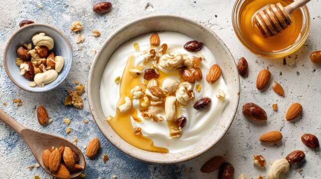 Healthy yogurt bowl with mixed nuts and honey on a textured background