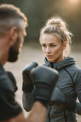 Young female athlete sparring with coach outdoors, focused expression, wearing hoodie and boxing glove, training in natural light with warm backlight