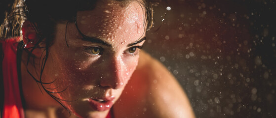 Woman athlete close up with sweat and water droplets on skin showing intense focus during workout, gritty dramatic lighting and shallow depth of field conveying determination and effort