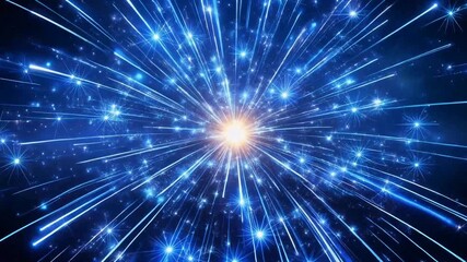 Abstract blue light burst with radiating lines and glowing particles. - Powered by Adobe