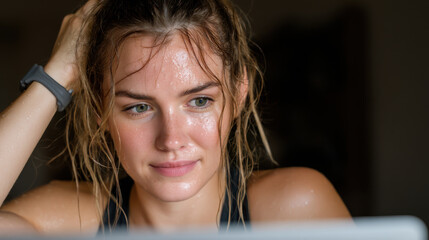 Sweaty woman fitness tracker workout perspiration portrait post workout