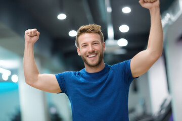 Smiling athletic man celebrating with raised arms in gym, joyful confident expression, fitness achievement and positive energy